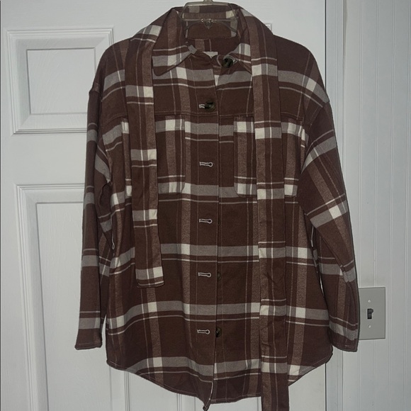 Jackets & Blazers - Brown Plaid Button-Up Shacket with Attached Belt
